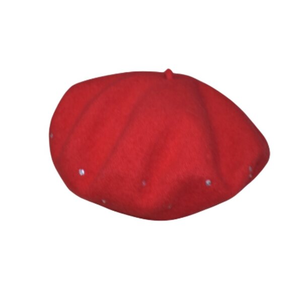 Vintage Red Wool Beret French Girl Style Sparkly Embellished Hat Chic - Picture 1 of 12